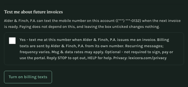 The optional card on a LEXICERA invoice payment page: the heading, the mobile number on the account shown masked, and an unchecked box beside the consent sentence quoted above.