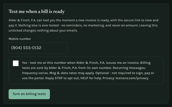 The optional billing-texts card in a signed-in client's LEXICERA portal: the heading, the mobile number on the account with a way to correct it, and an unchecked box beside the consent sentence quoted above.