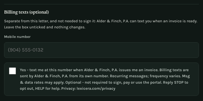 The optional billing-texts section on the LEXICERA page where an engagement letter is e-signed, below the letter and separate from it: the heading, a mobile number field, and an unchecked box beside the consent sentence quoted above.